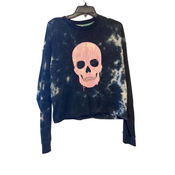 No Boundaries Blue and White Pink Skull Sweatshirt - Juniors Large - Picture 1 of 5